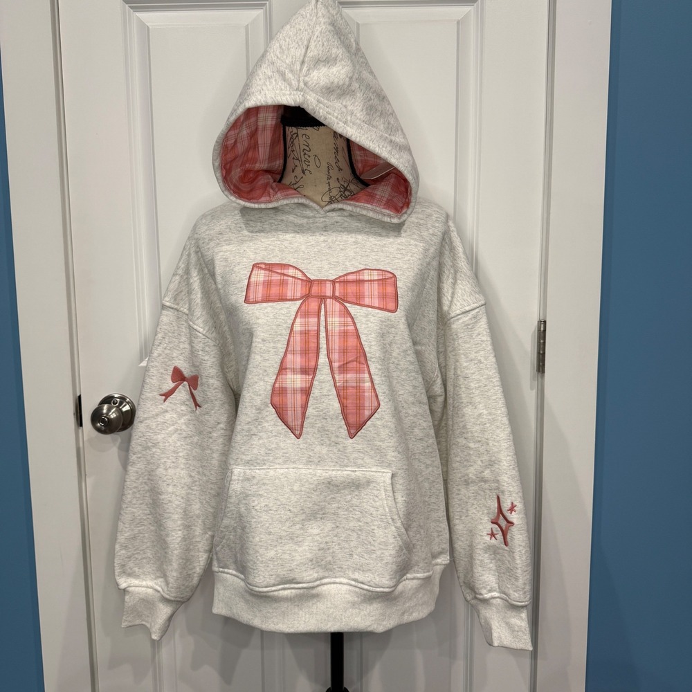 Altar'd State Pink Plaid Bow Applique‎ Oversized Hoodie Size XSmall Sweatshirt